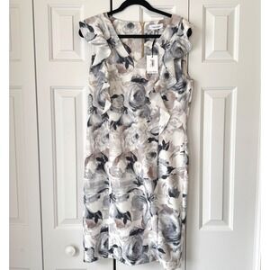 NWT Calvin Klein Womens Floral Ruffle V-Neck Sheath Dress Grey White Tan Size 12